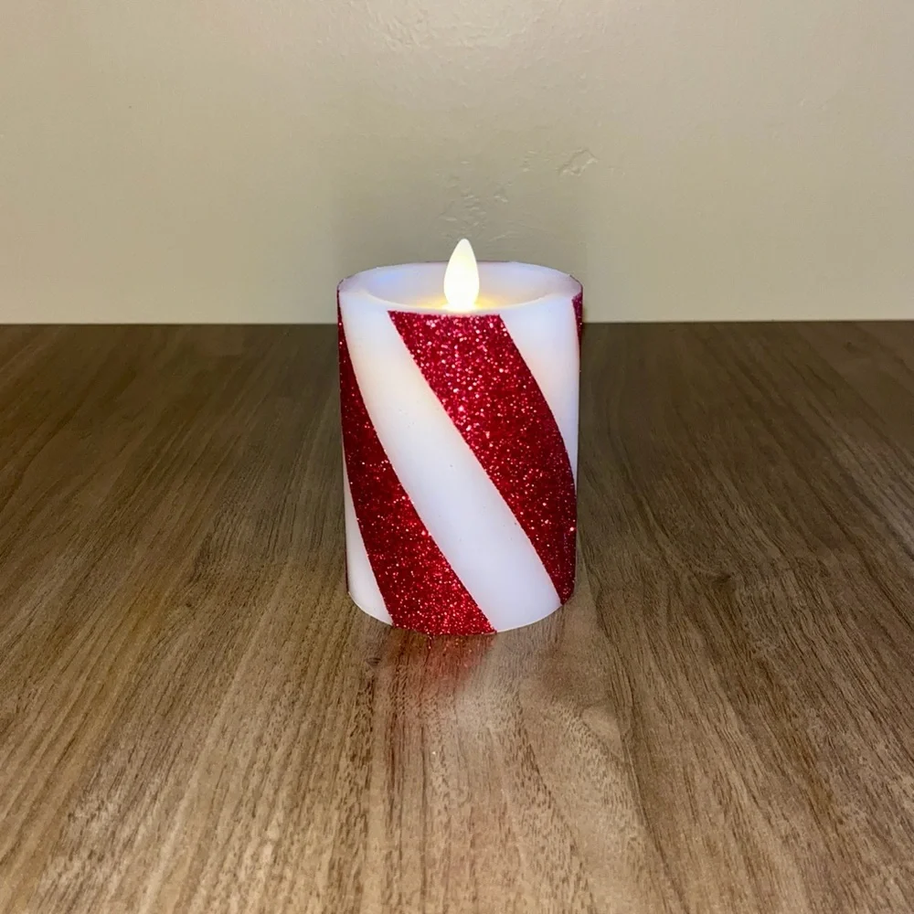 Luminara Candy Cane Wide Red White Glitter Stripe Flameless LED Pillar Candle - Picture 11 of 11